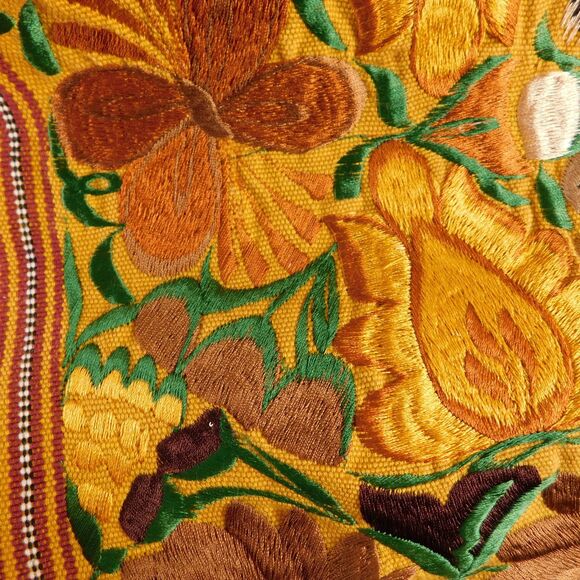 Floral Silk Embroidered Table Runner, Gold Brown Fall Autumn Fringe 90"x17" - Picture 9 of 12